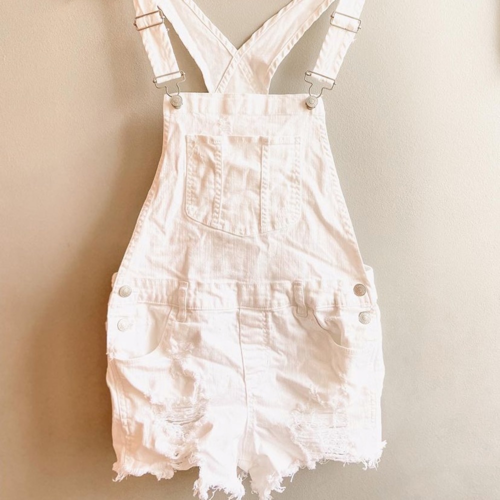 White denim frayed overalls